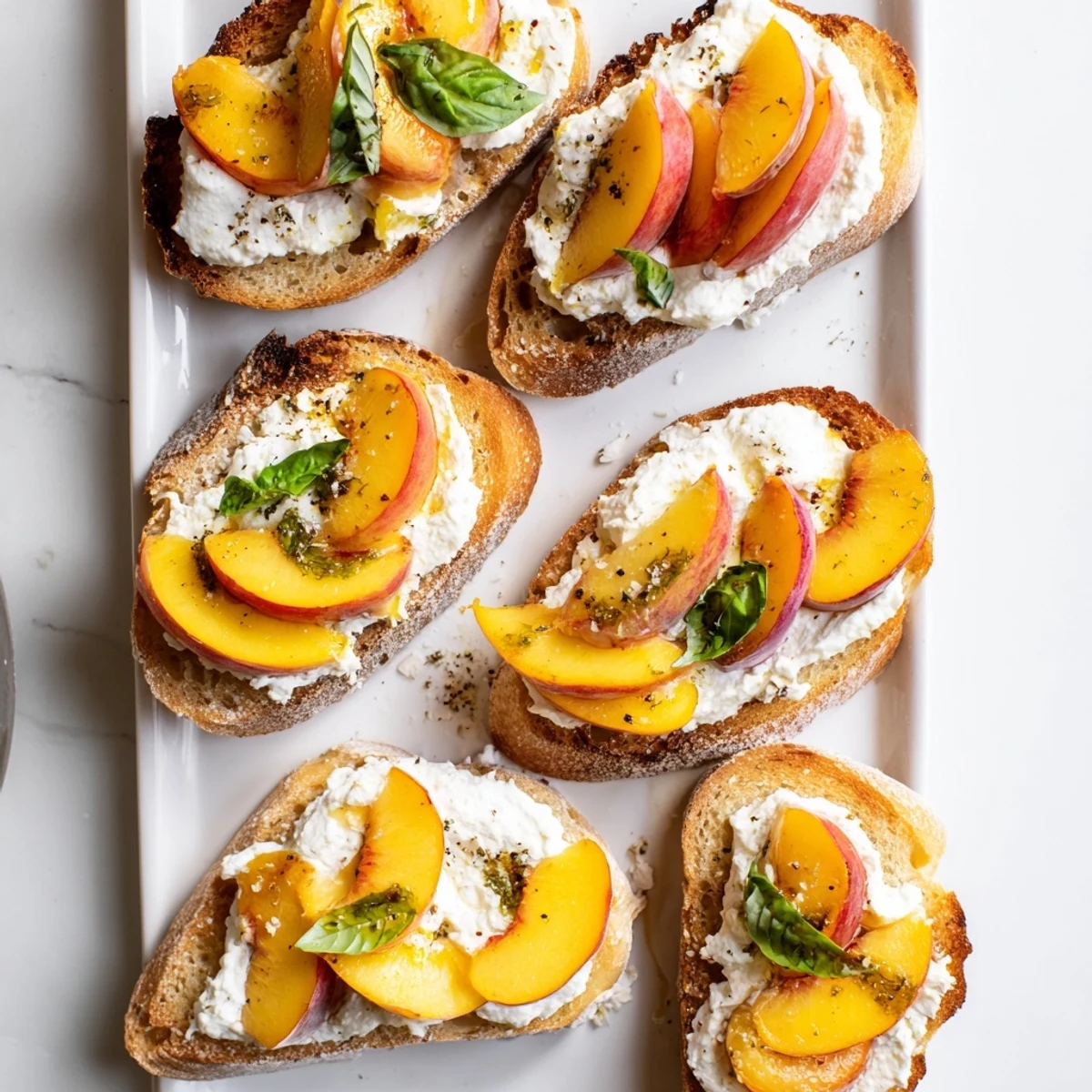 Close up of peach bruschetta with whipped ricotta on rustic sourdough bread garnished with fresh mint and sea salt
