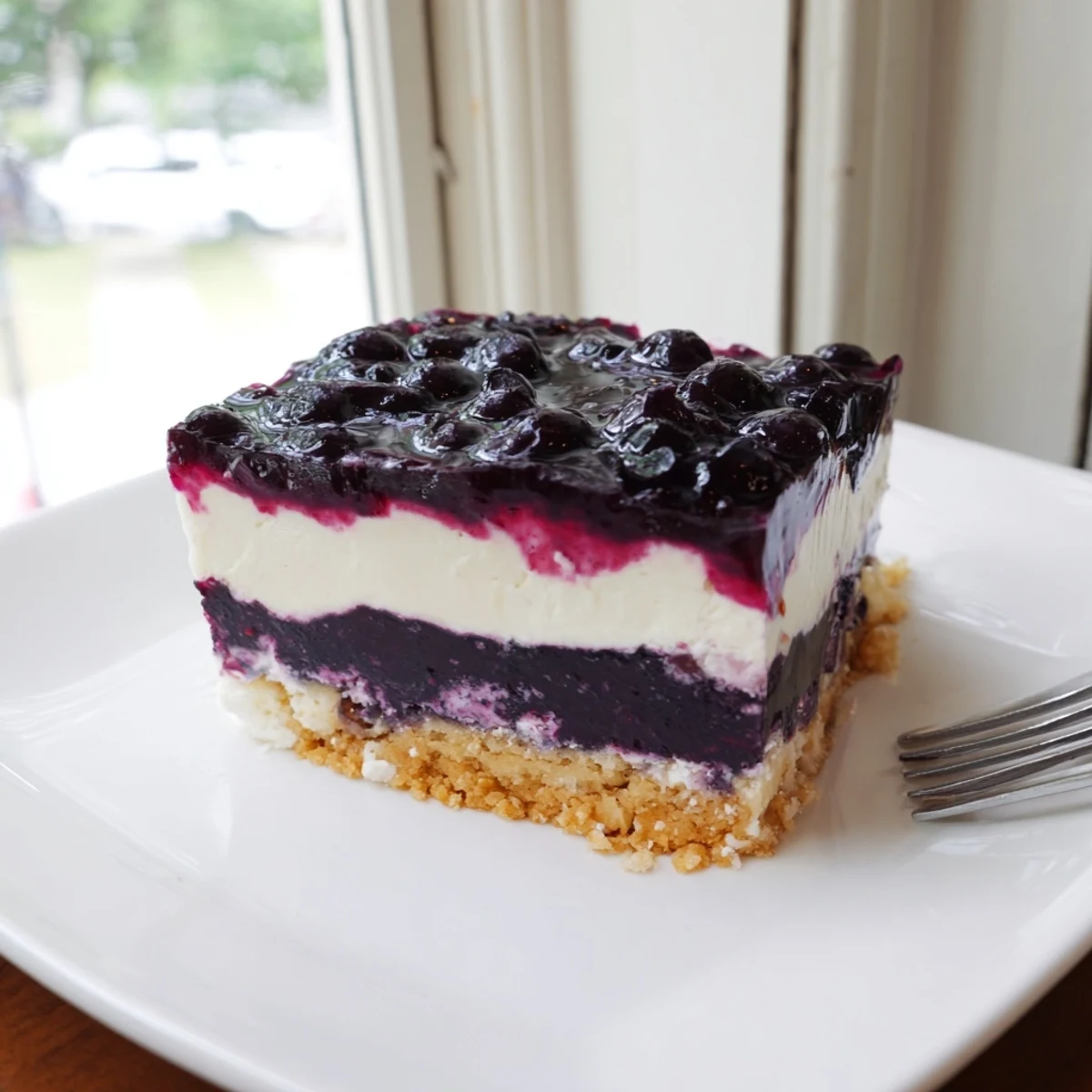 Festive sweet and tangy blueberry jamboree dessert layered with creamy cheesecake and buttery pecan crust