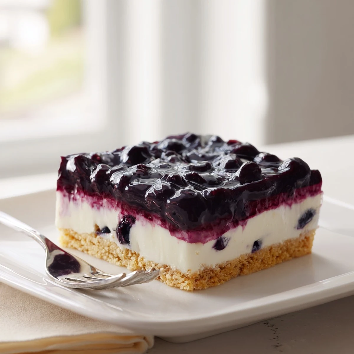 Slice of blueberry jamboree bar showcasing glossy purple fruit topping over smooth white cream cheese filling