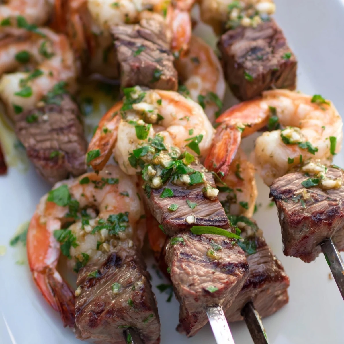 Sizzling surf and turf skewers featuring tender beef cubes and juicy shrimp with garlic butter