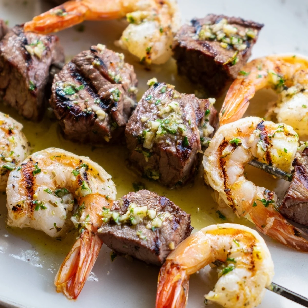 Grilled steak and shrimp skewers drizzled with melted garlic butter sauce and fresh parsley