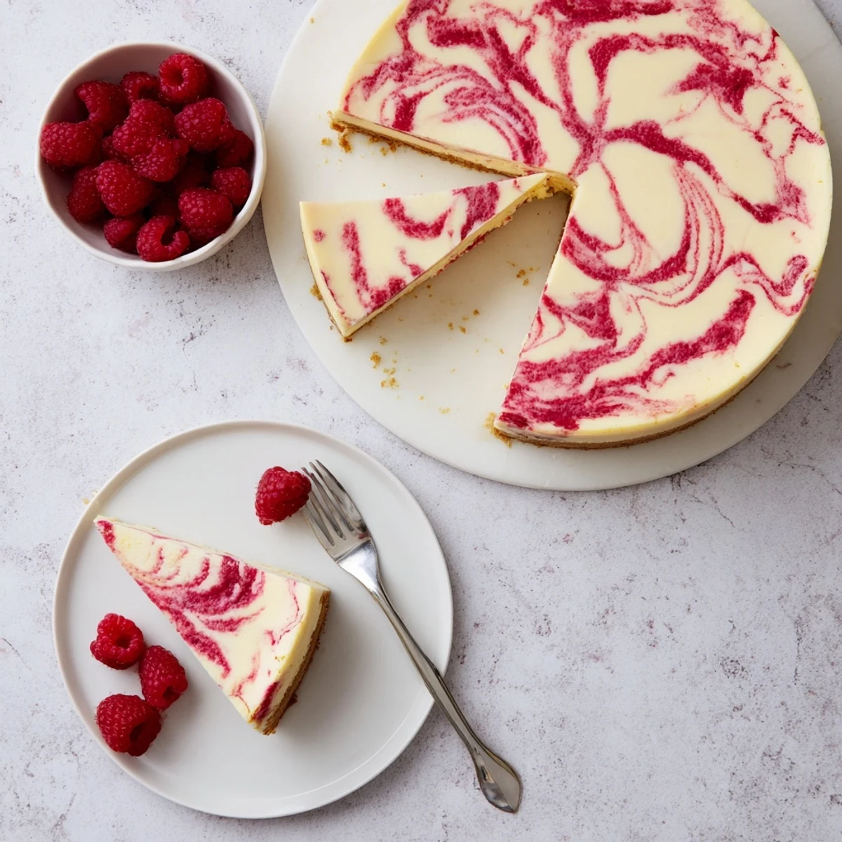 Rich and velvety cheesecake topped with fresh raspberry sauce on a buttery golden crust
