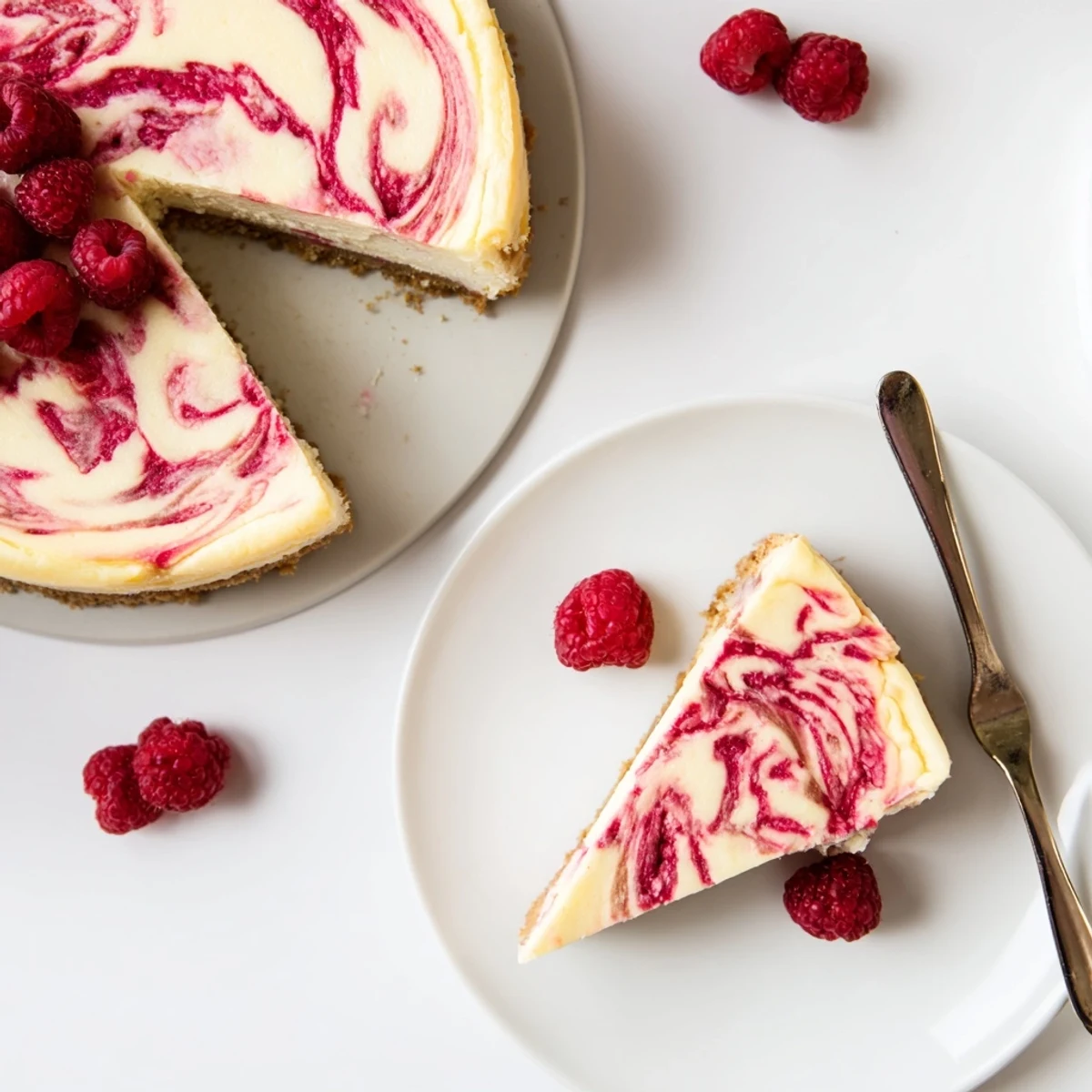 Creamy raspberry cheesecake slice with vibrant red swirls and graham cracker crust base
