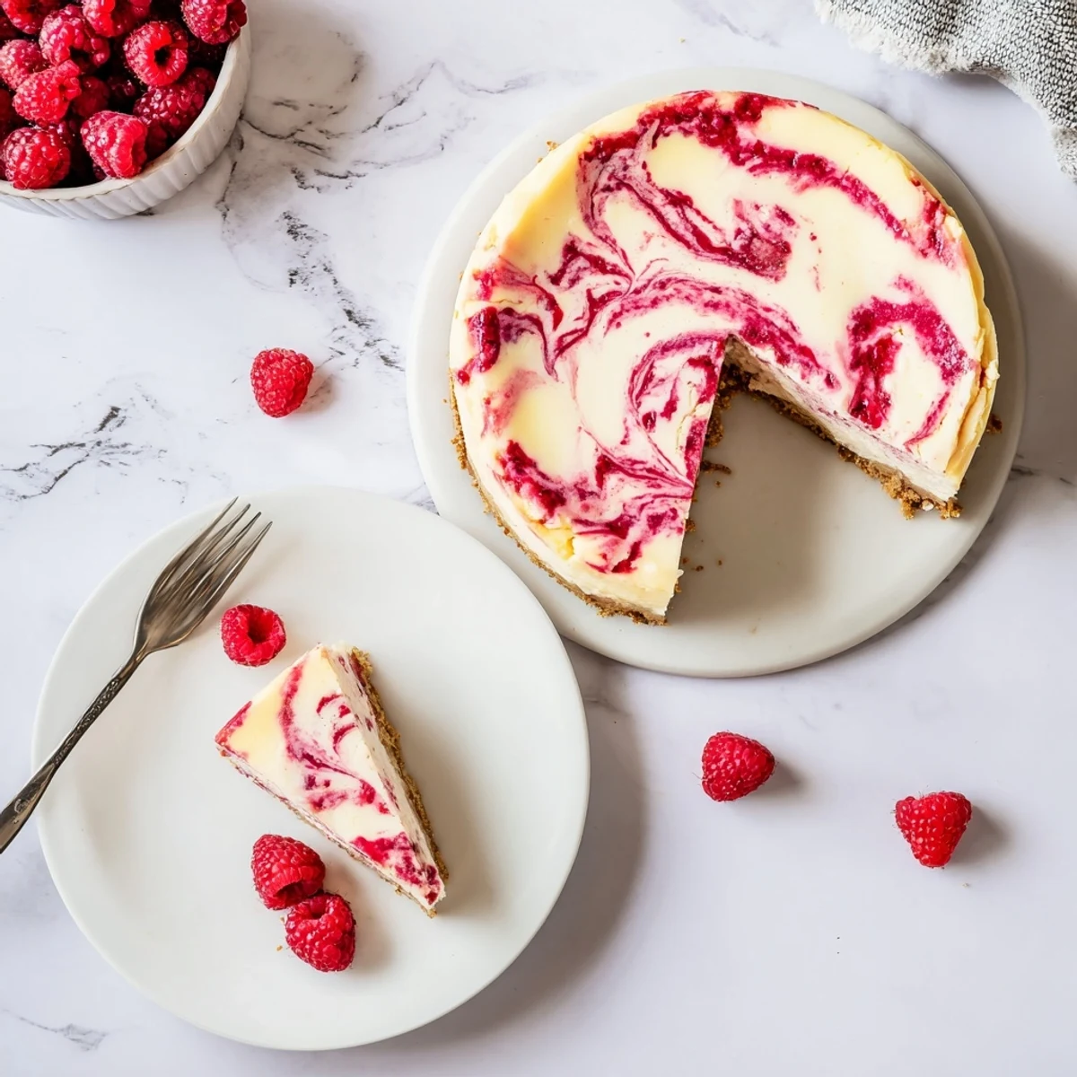 Luscious baked cheesecake featuring tart raspberry ribbons swirled through smooth cream cheese filling
