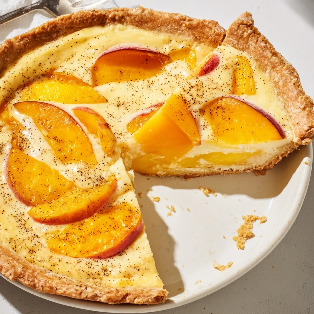 Golden peach custard pie with juicy fruit slices nestled in silky vanilla custard and flaky pastry crust