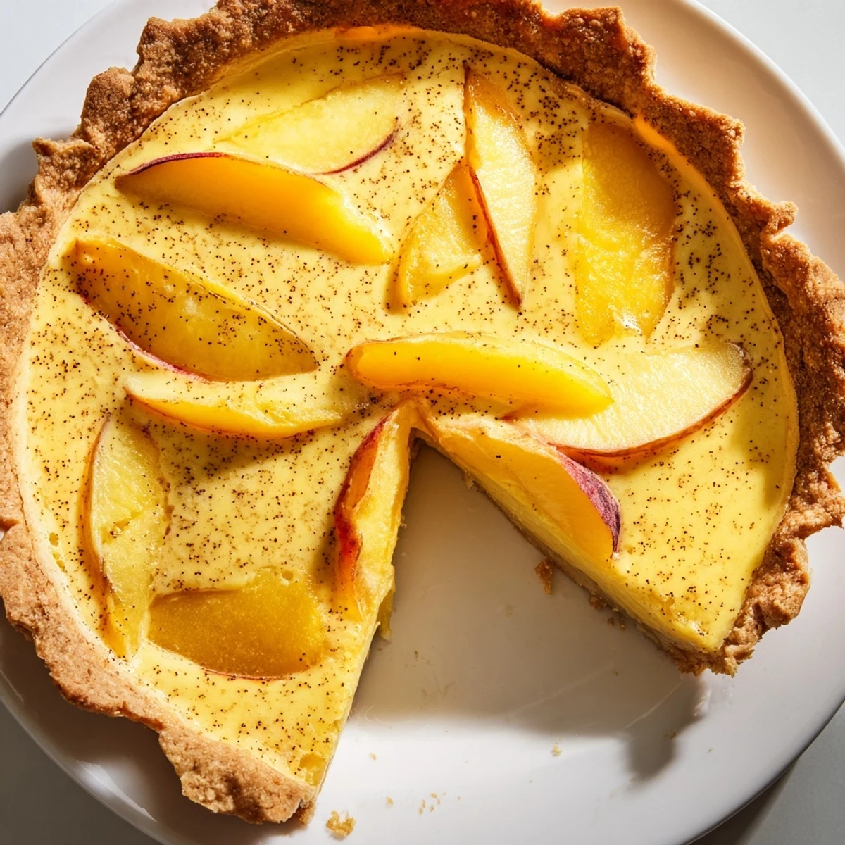 Summer peach custard pie served chilled with tender peaches in smooth vanilla custard beneath a crisp topping