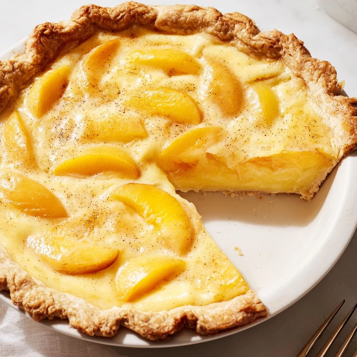 Sliced peaches swimming in creamy baked custard filling inside a golden brown homemade pie crust