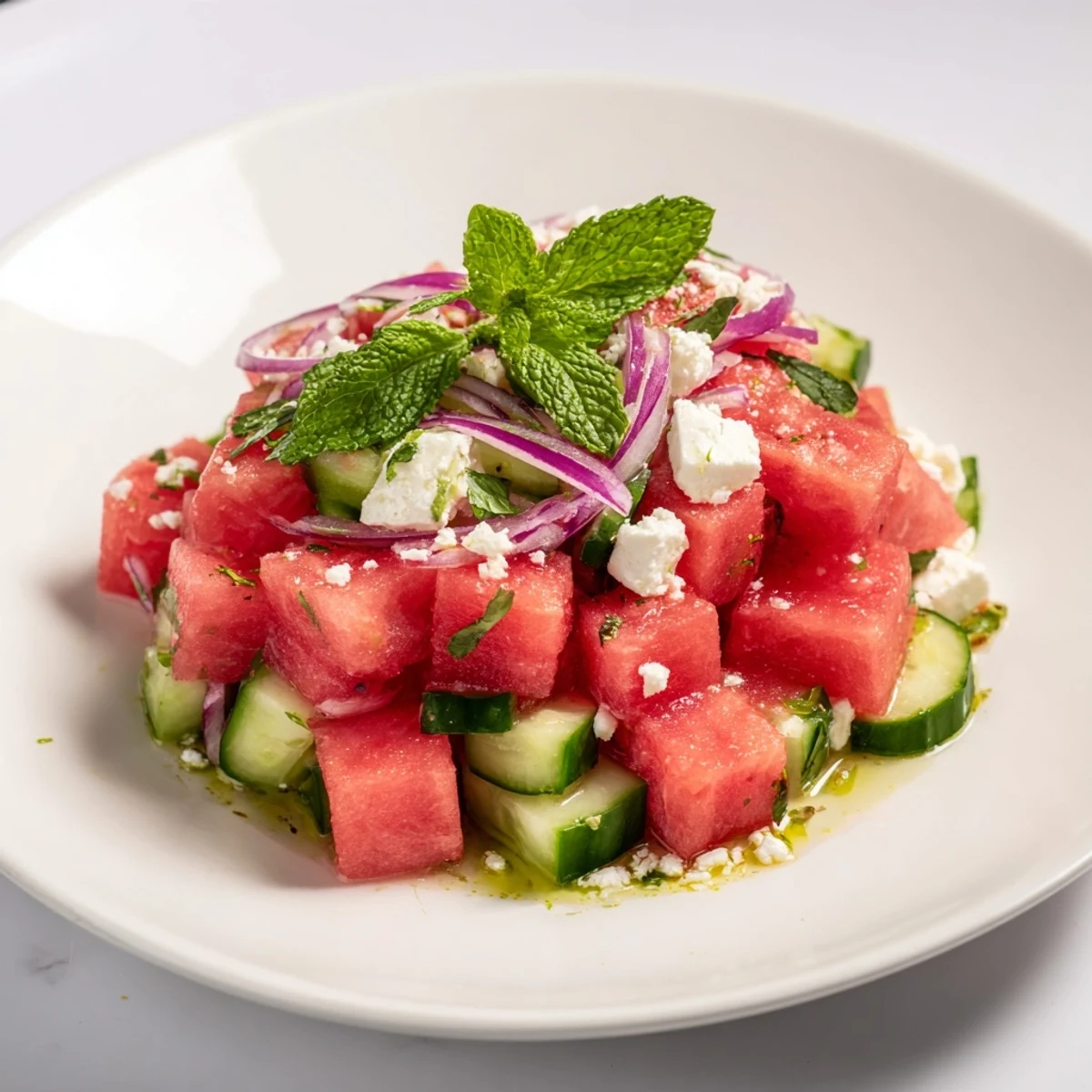 Fresh watermelon feta salad bowl with juicy melon cubes, cucumber, red onion, and crumbled feta cheese