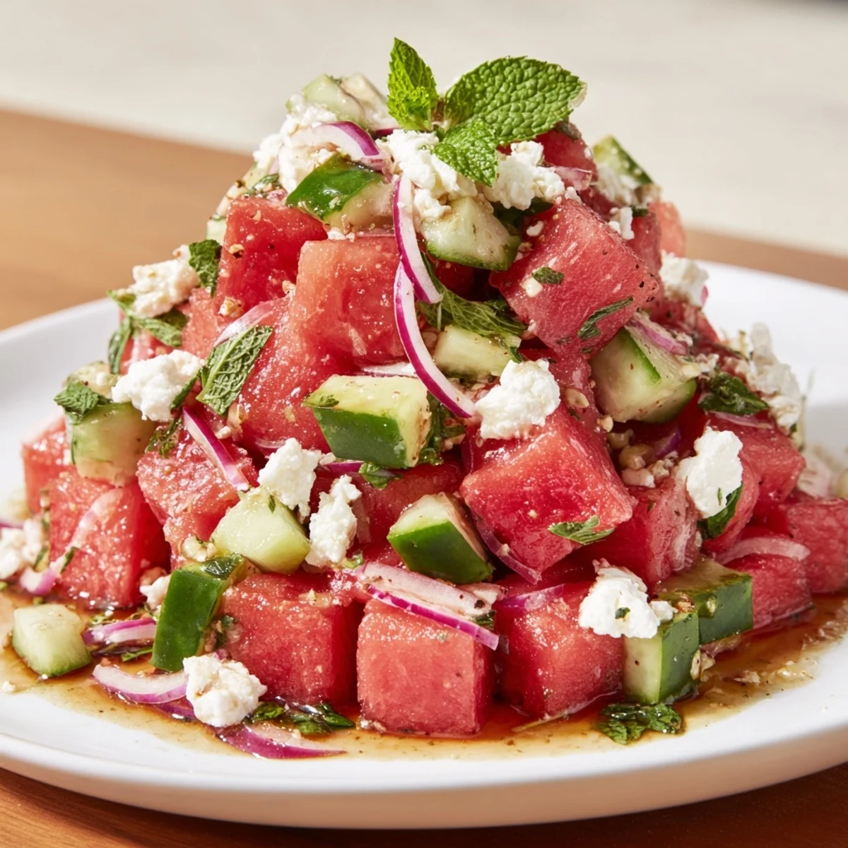 Summer watermelon feta salad featuring crisp produce, creamy feta crumbles, and bright mint leaves drizzled with dressing