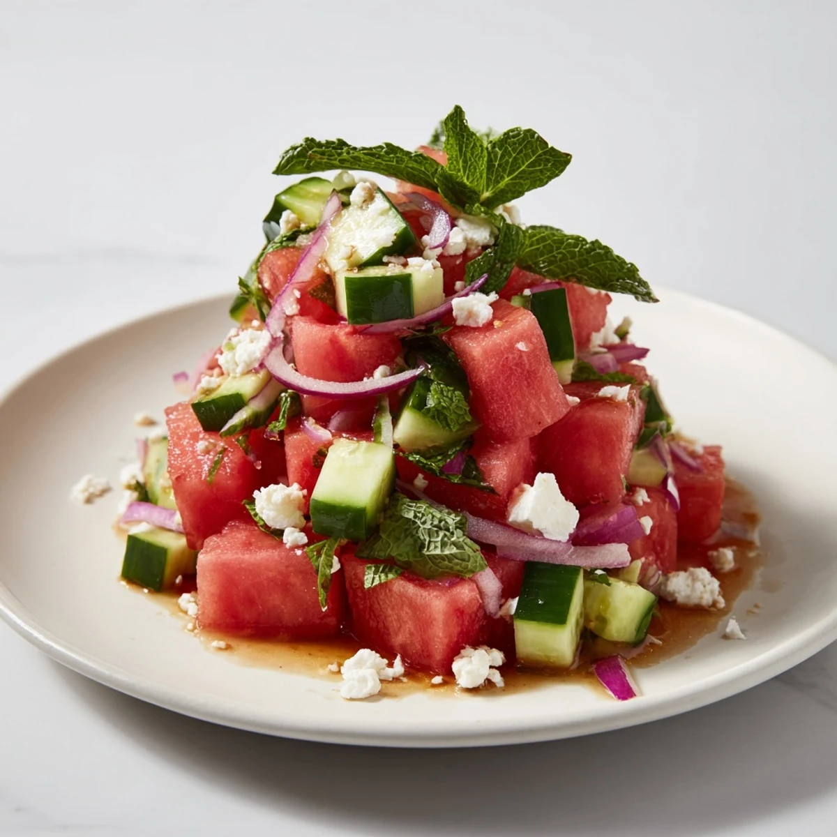 Vibrant watermelon feta salad arranged on a white plate with diced cucumber, red onion, and mint garnish