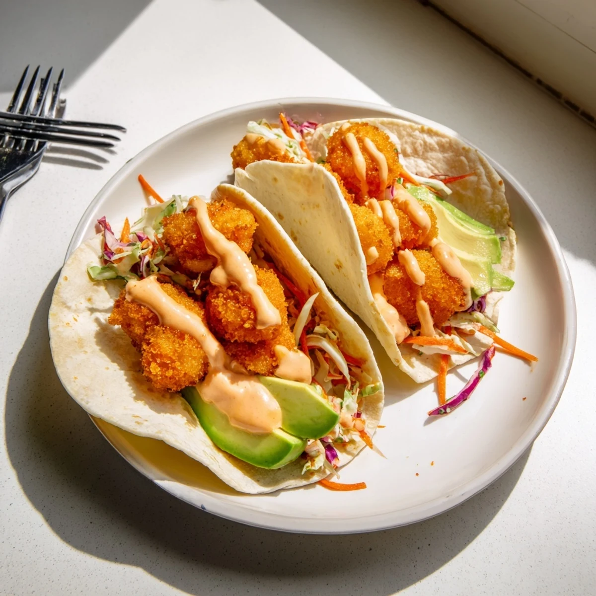 Crispy Bang Bang shrimp tacos loaded with colorful slaw and creamy spicy sauce drizzled over warm flour tortillas