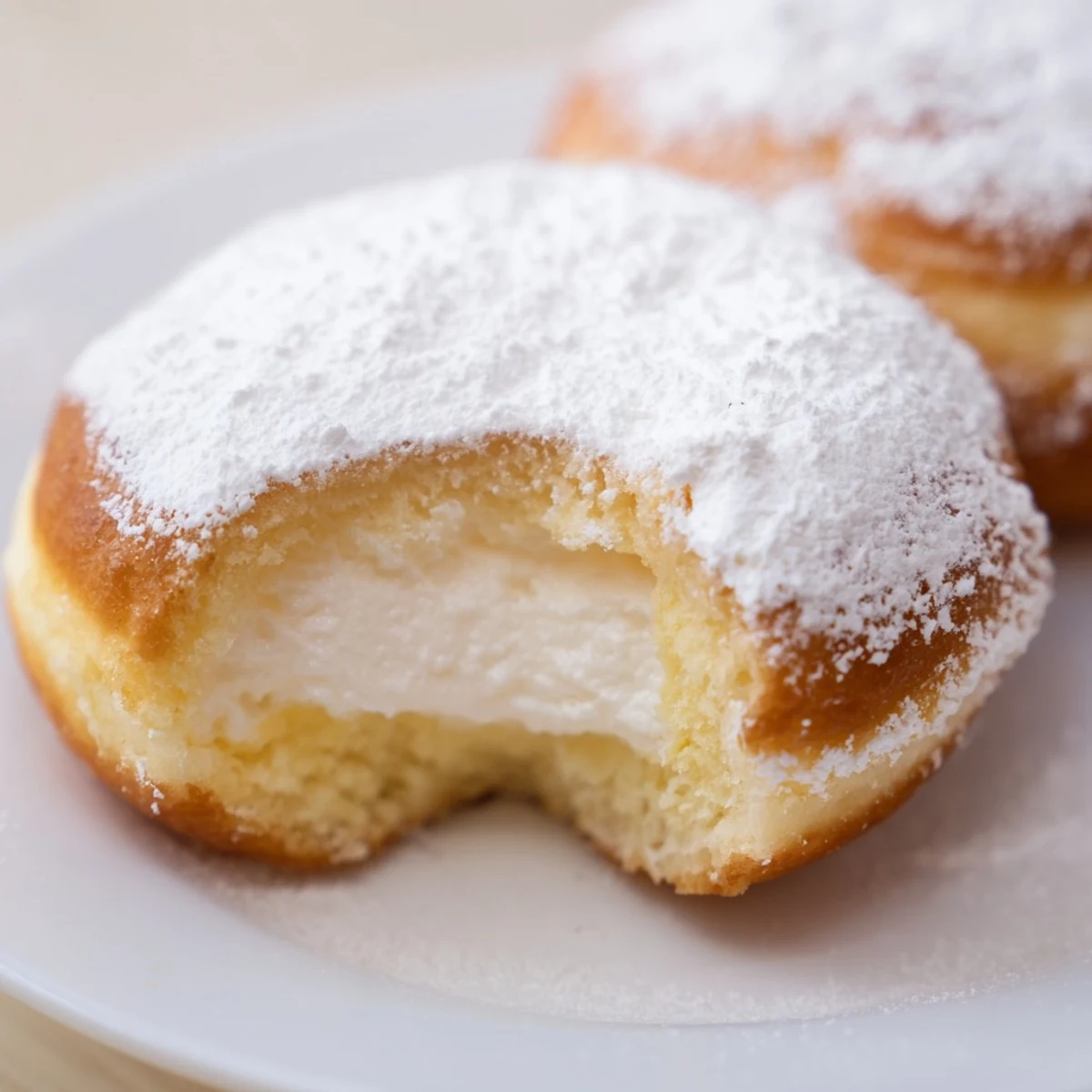 Golden brown Korean milk cream donuts dusted with powdered sugar on a white plate
