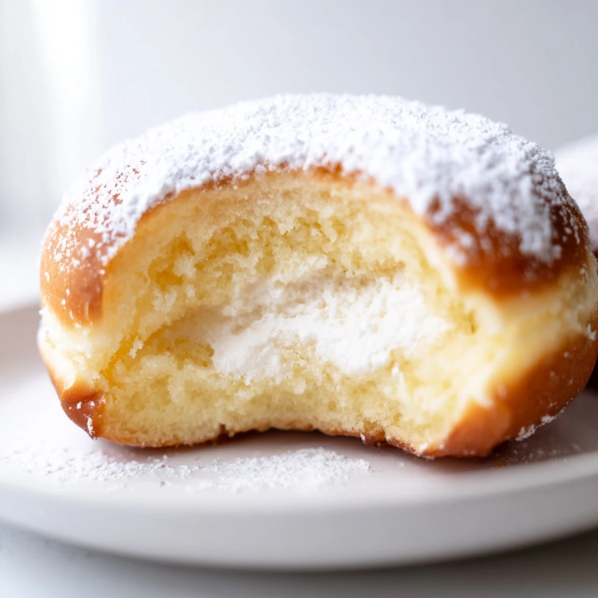 Powdered sugar coated Korean milk cream donuts with fluffy milk cream filling spilling from center