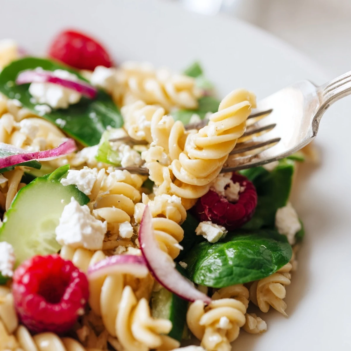Colorful bowl of raspberry spinach feta pasta salad tossed with fresh vegetables and tangy vinaigrette