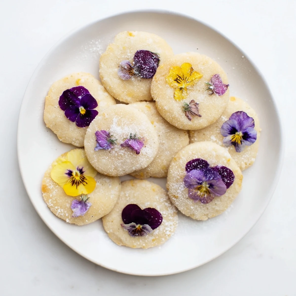 Golden spring flower shortbread cookies topped with colorful pressed violets and pansies on white plate