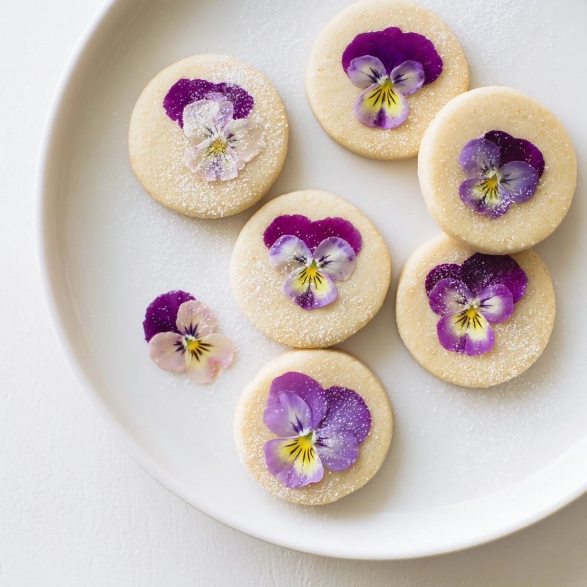 Buttery homemade shortbread cookies decorated with edible spring flowers and dusted with sparkling sugar