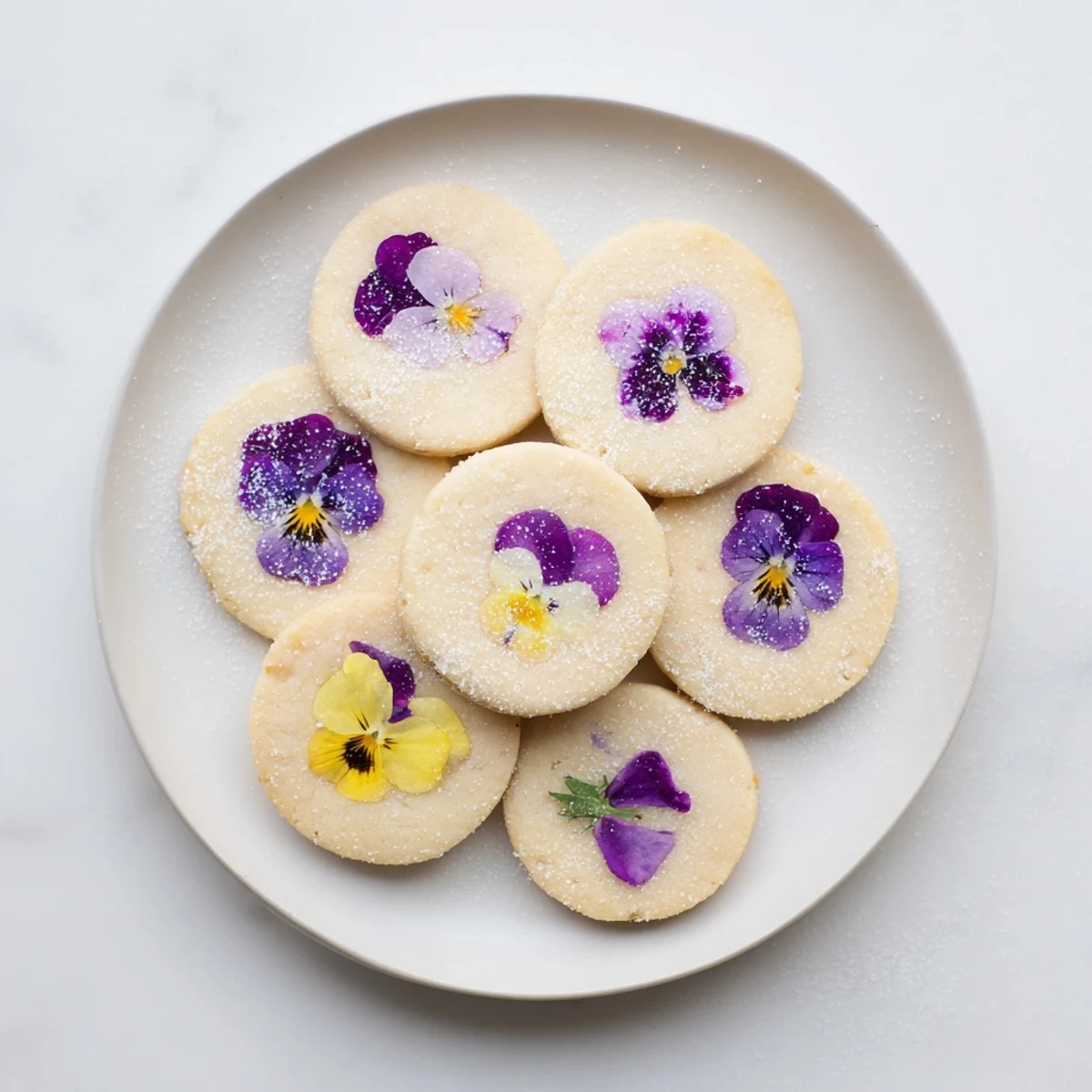 Delicate flower-adorned shortbread rounds baked to golden perfection with vibrant violet and pansy blossoms