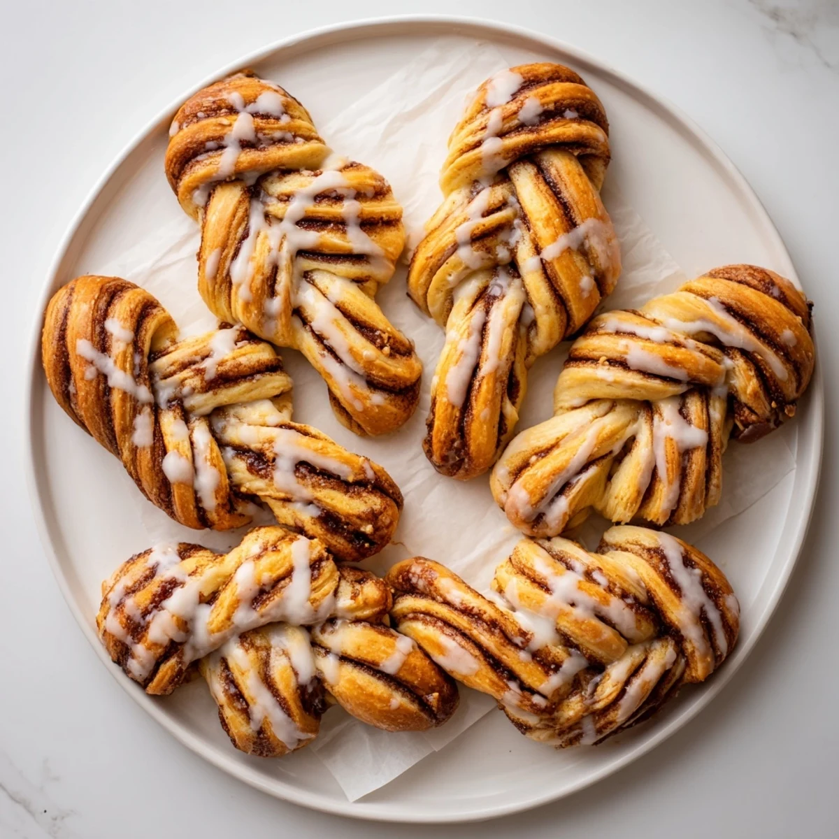 Freshly glazed cinnamon twists showing swirls of brown sugar filling on parchment paper