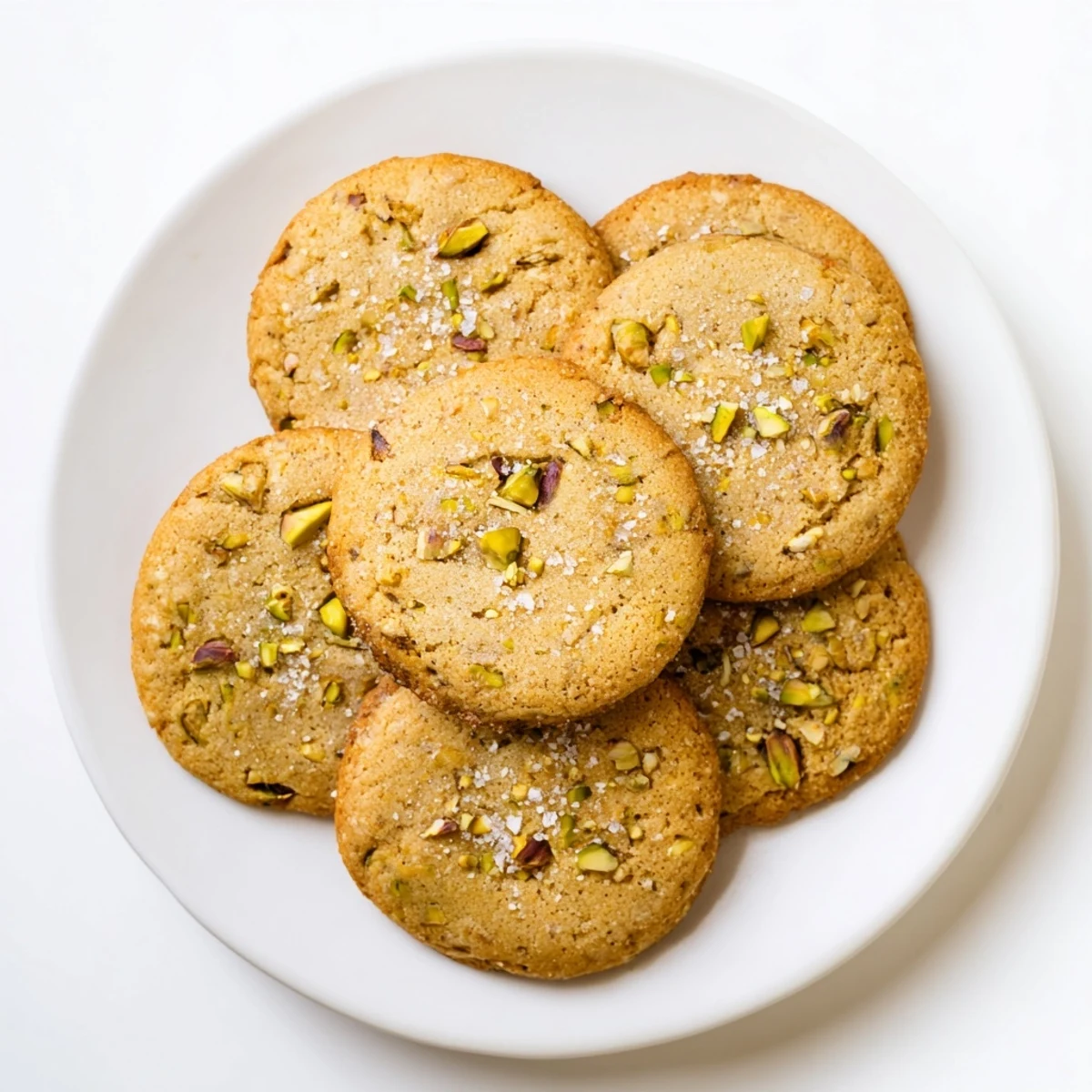 Golden salted pistachio cookies topped with flaky sea salt on a white baking sheet