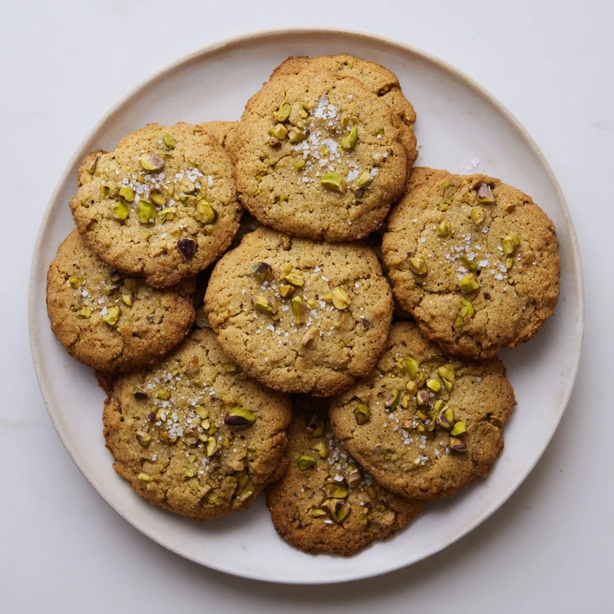 Stack of homemade salted pistachio cookies sprinkled with crunchy sea salt crystals