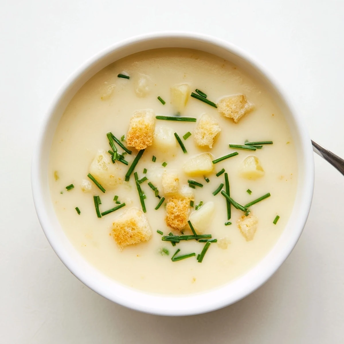 Creamy potato leek soup served in white bowls with fresh chive garnish and crusty bread