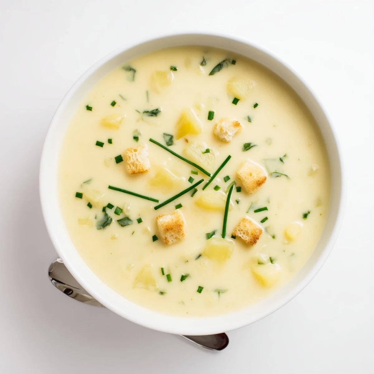 Golden bowl of creamy potato leek soup with parsley garnish and side of artisan bread