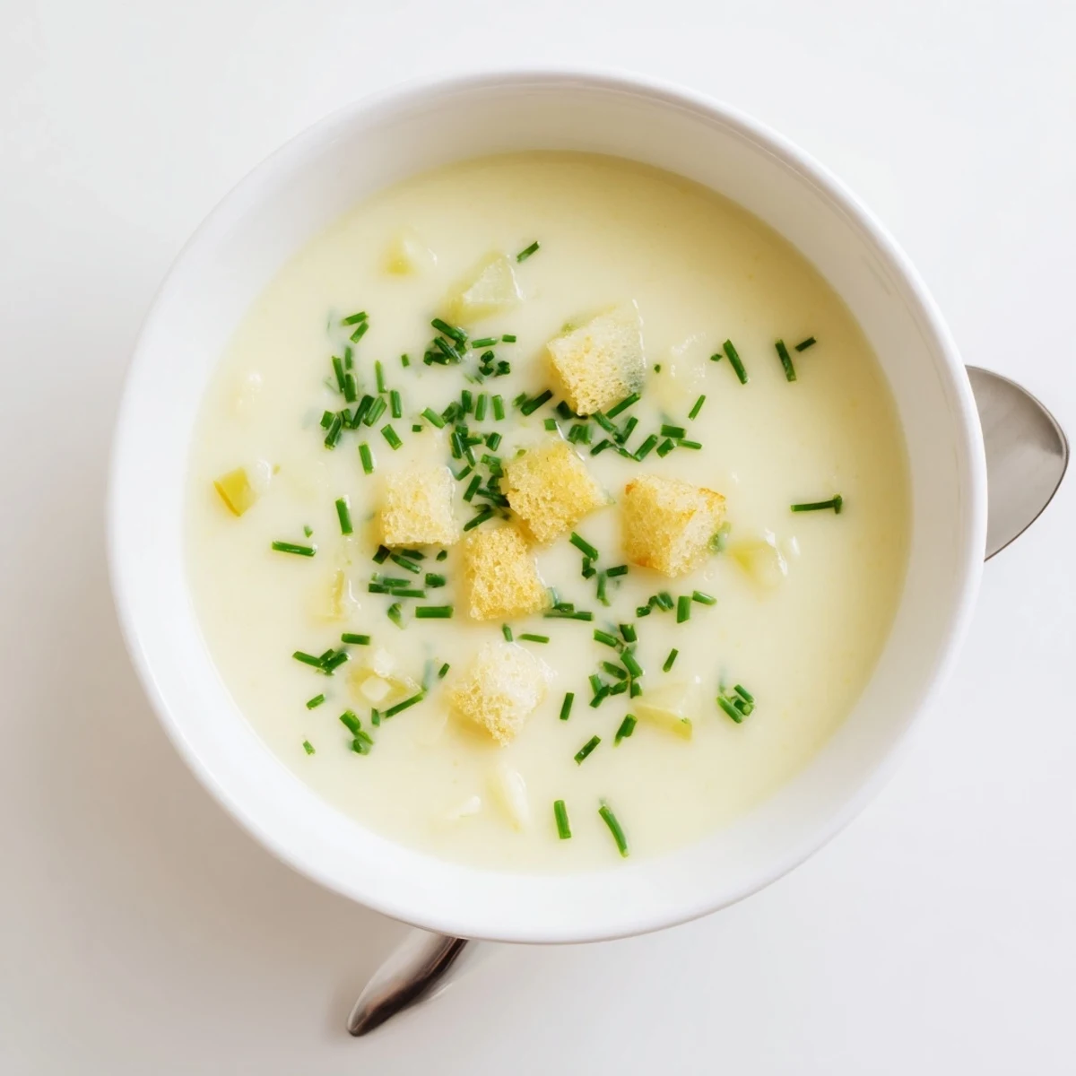 Silky smooth potato leek soup ladled into rustic bowls topped with green chives and croutons