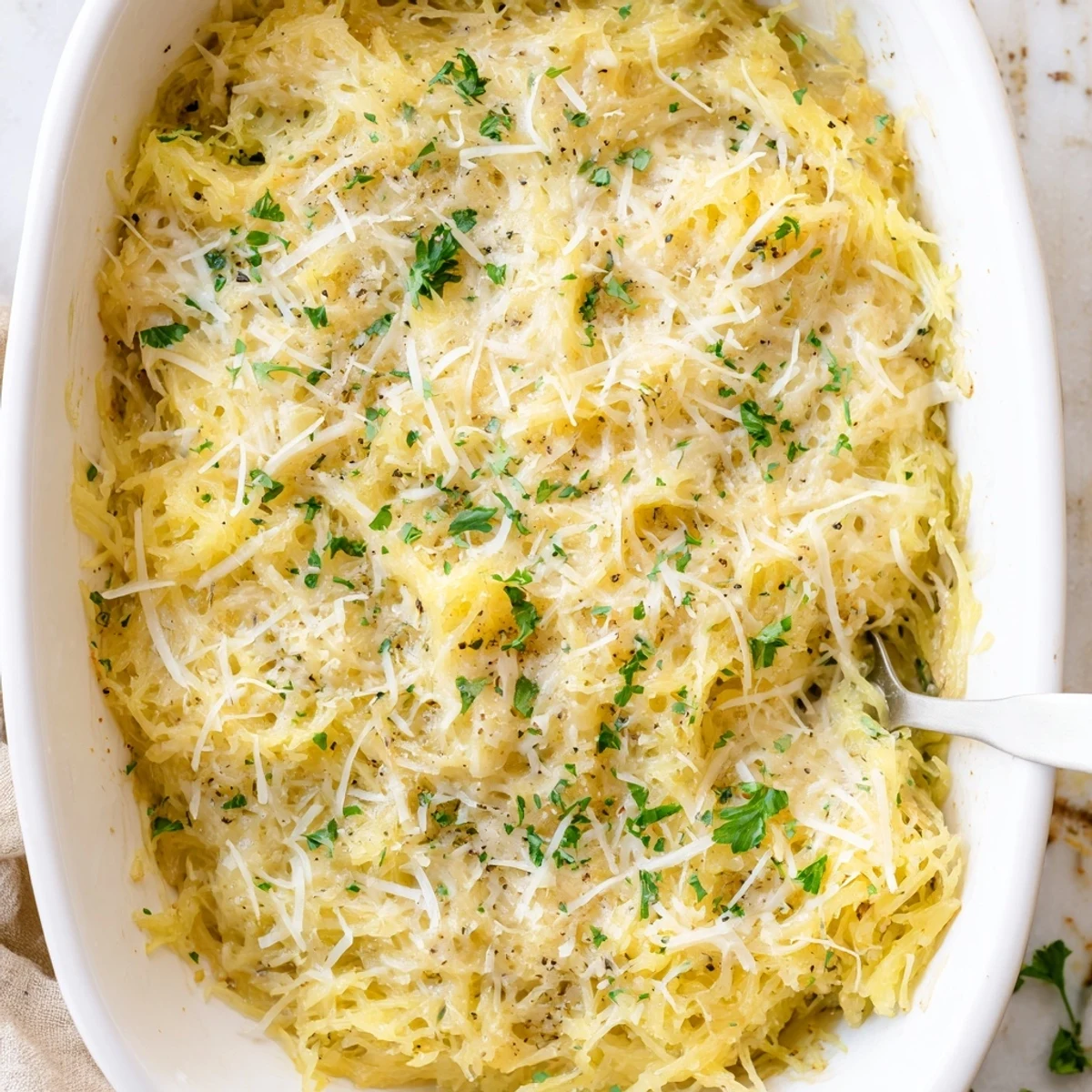 Golden bubbling spaghetti squash au gratin topped with melted Gruyère and Parmesan cheese in a white baking dish