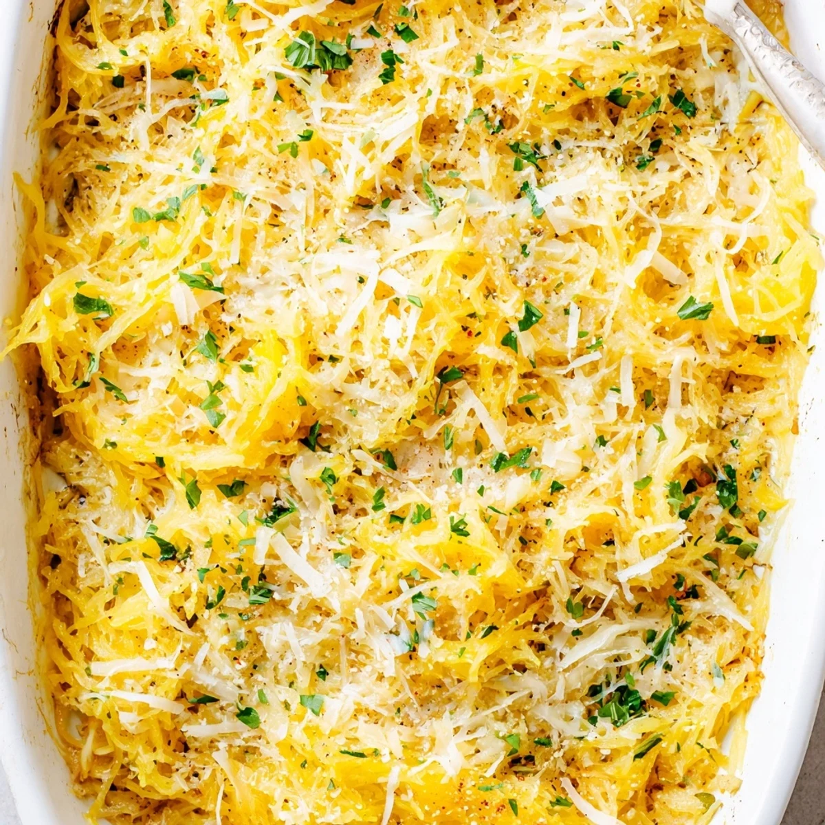 Comforting baked spaghetti squash au gratin casserole with rich cheese sauce and golden crust perfect for family dinner