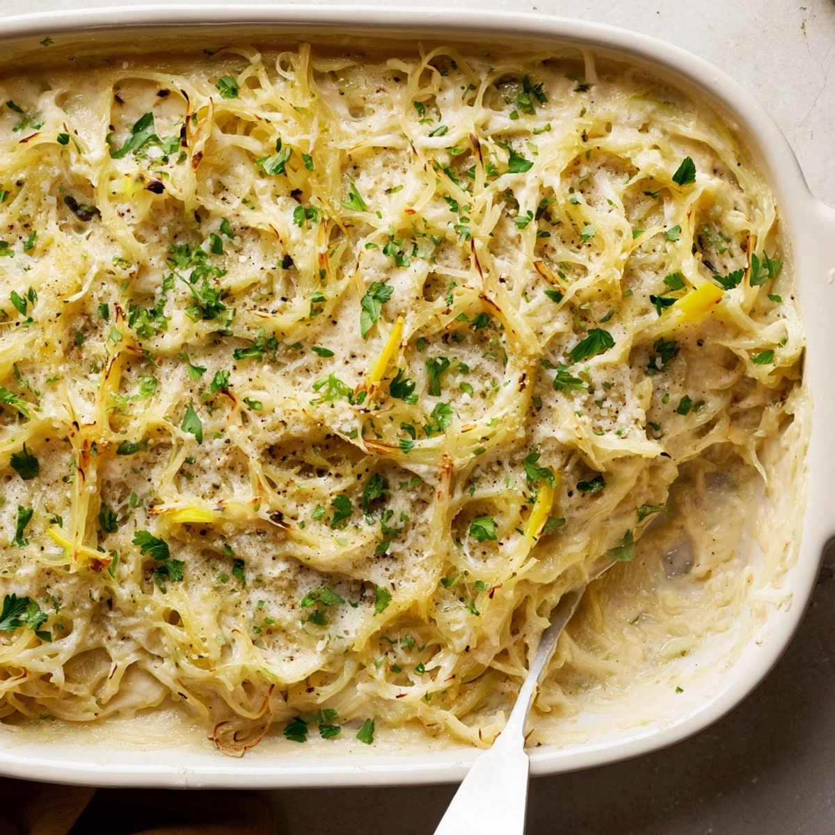 Creamy low-carb spaghetti squash au gratin with tender strands and crispy browned cheese layer garnished with fresh parsley