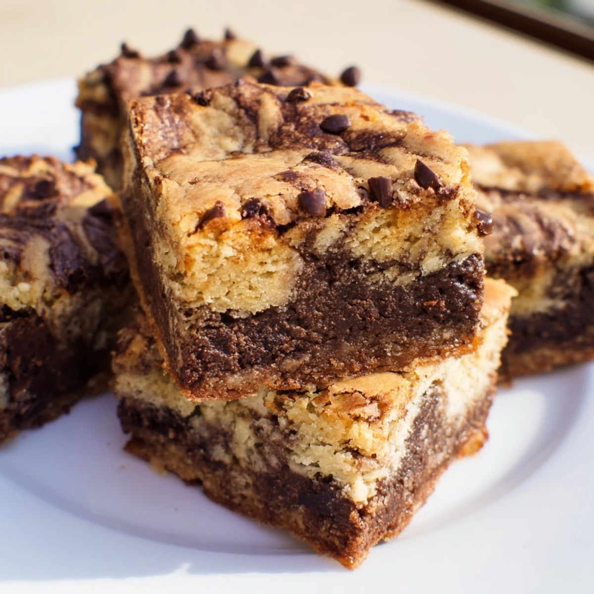 Golden banana bread brownie bars cooled on parchment paper with visible chocolate chips and marble patterns throughout