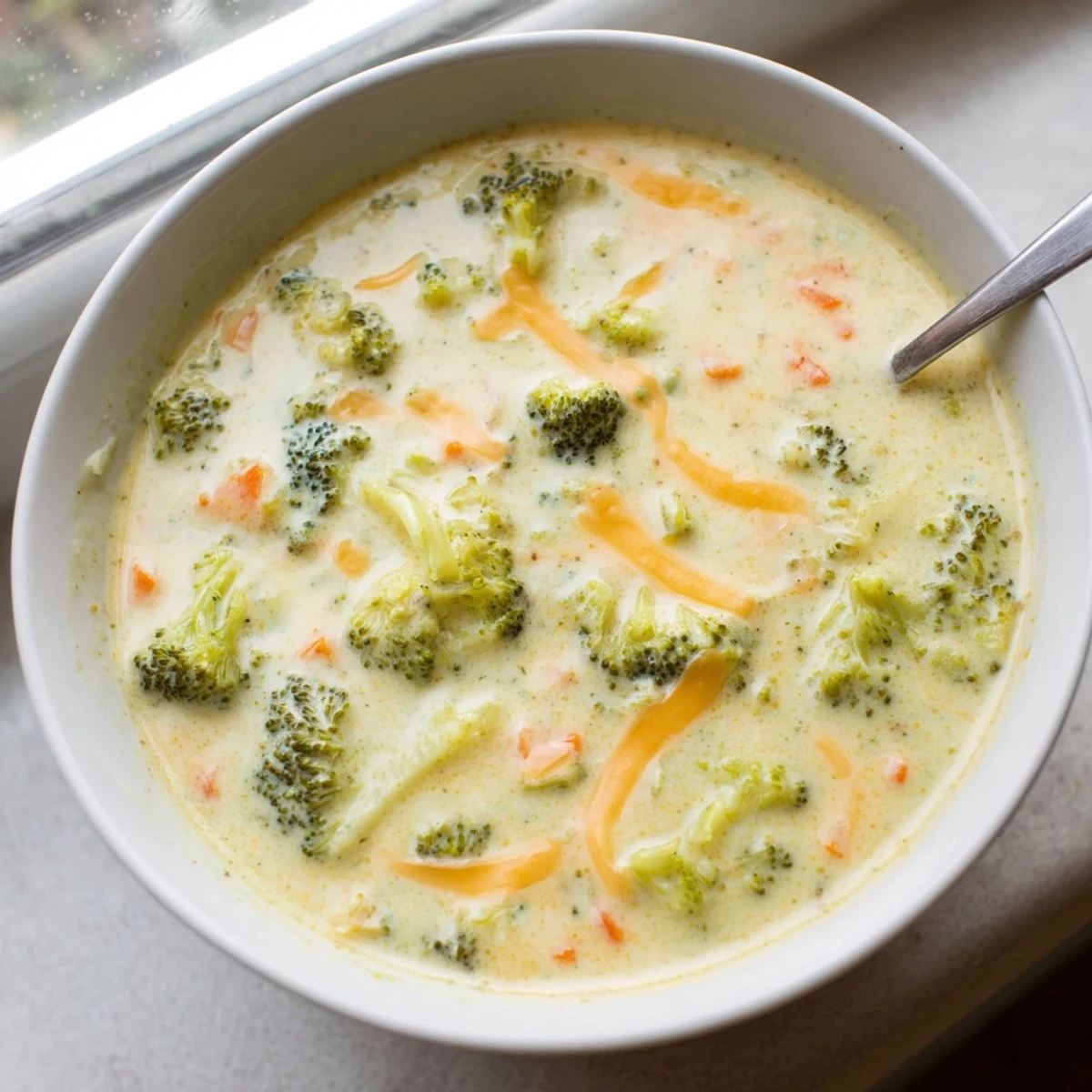 Creamy broccoli cheddar soup ladled into white bowl with melted cheese topping