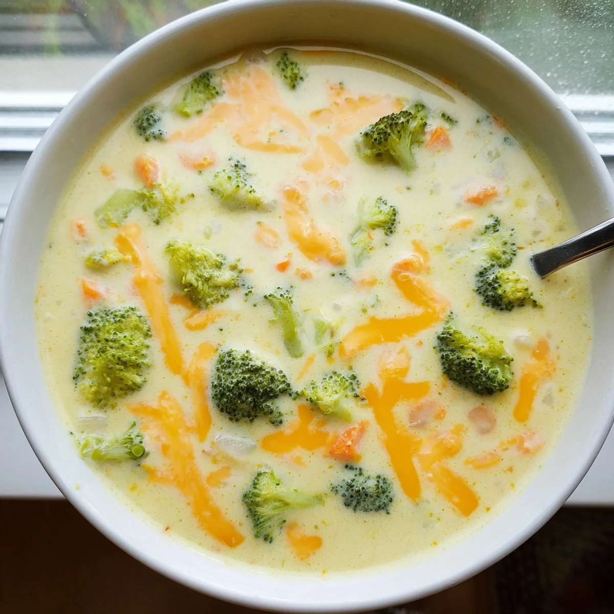 Golden broccoli florets floating in rich cheddar soup served with crusty bread