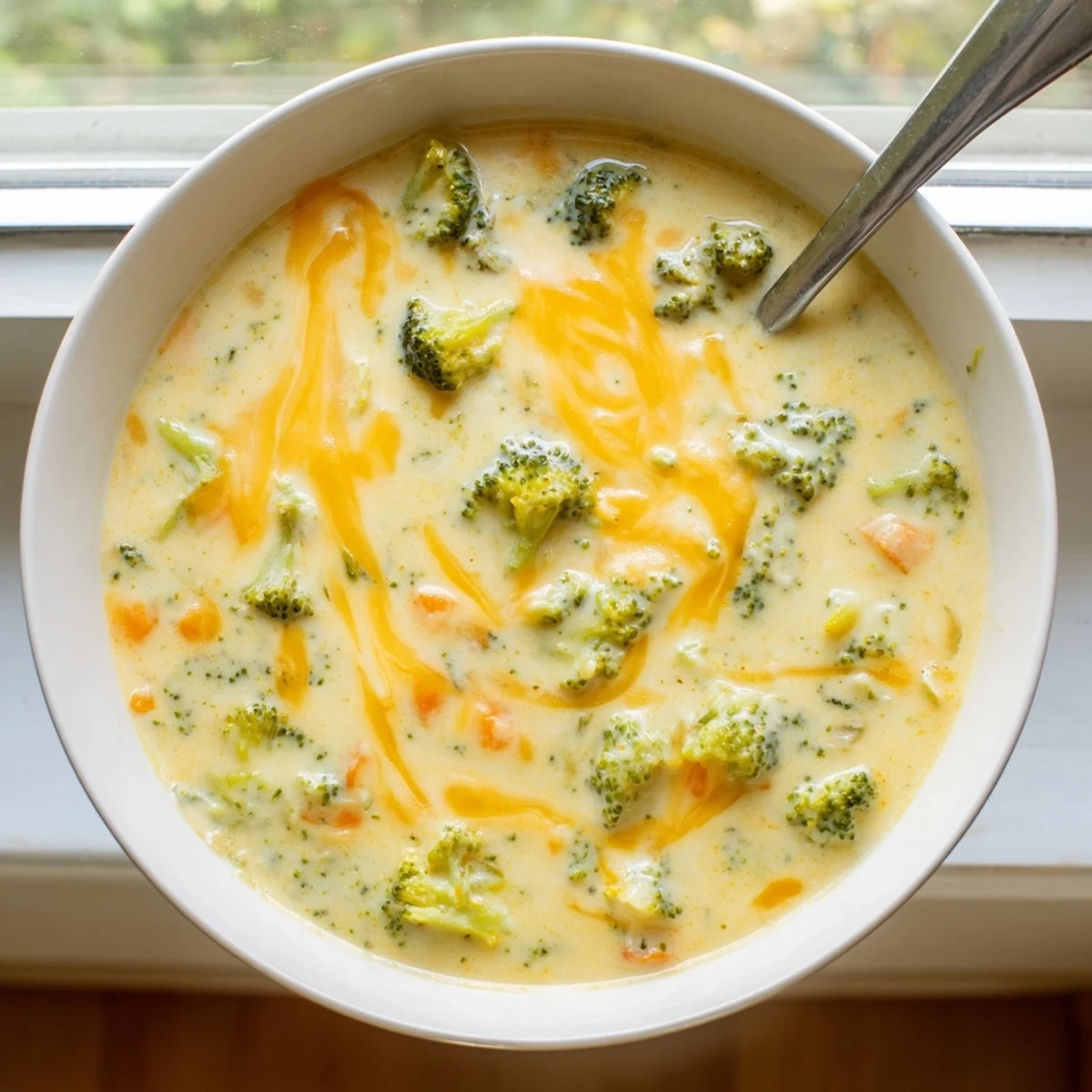 Velvety homemade broccoli cheddar soup garnished with fresh black pepper in rustic bowl