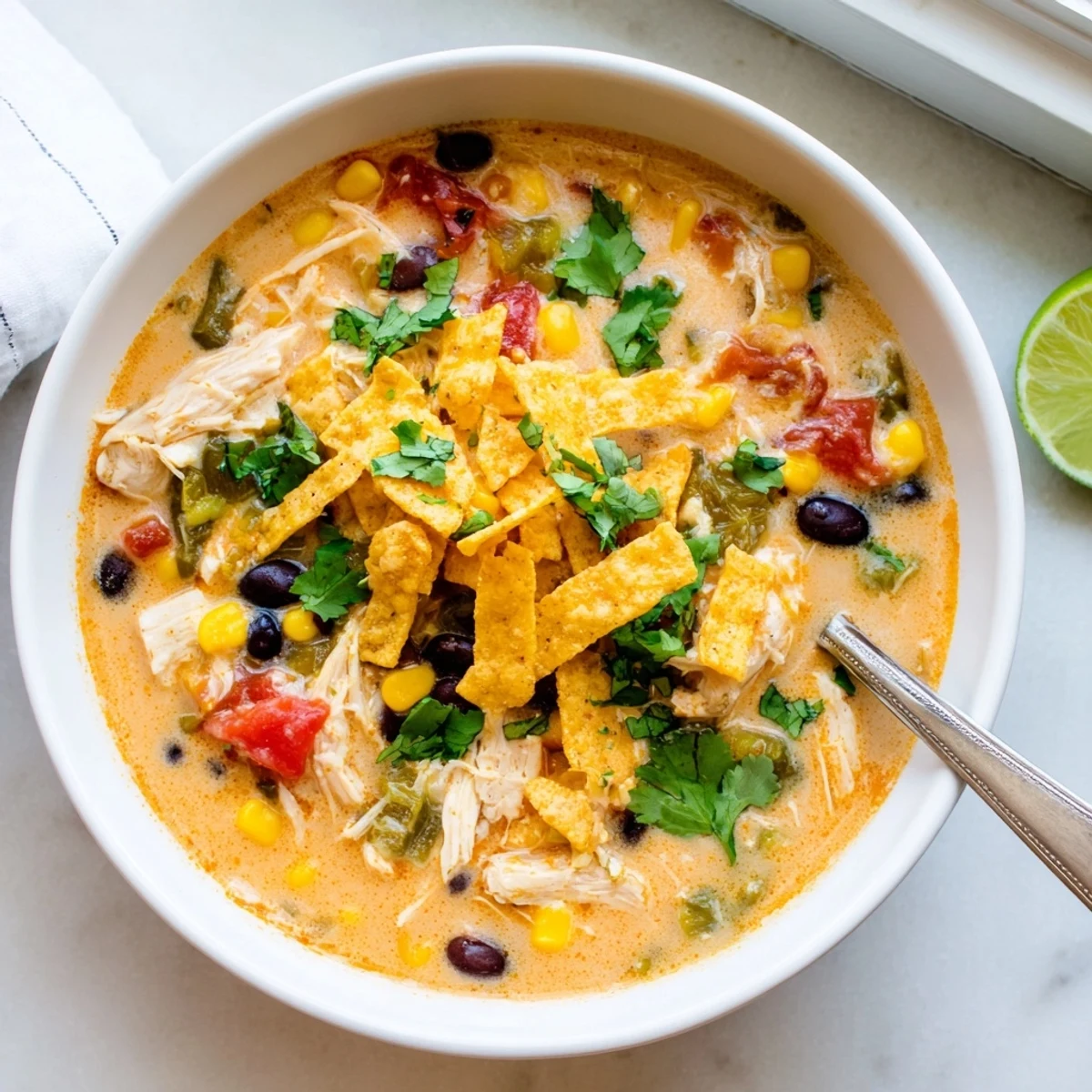 Steamy bowl of easy creamy chicken taco soup garnished with fresh cilantro, crushed tortilla chips, and melted cheddar cheese