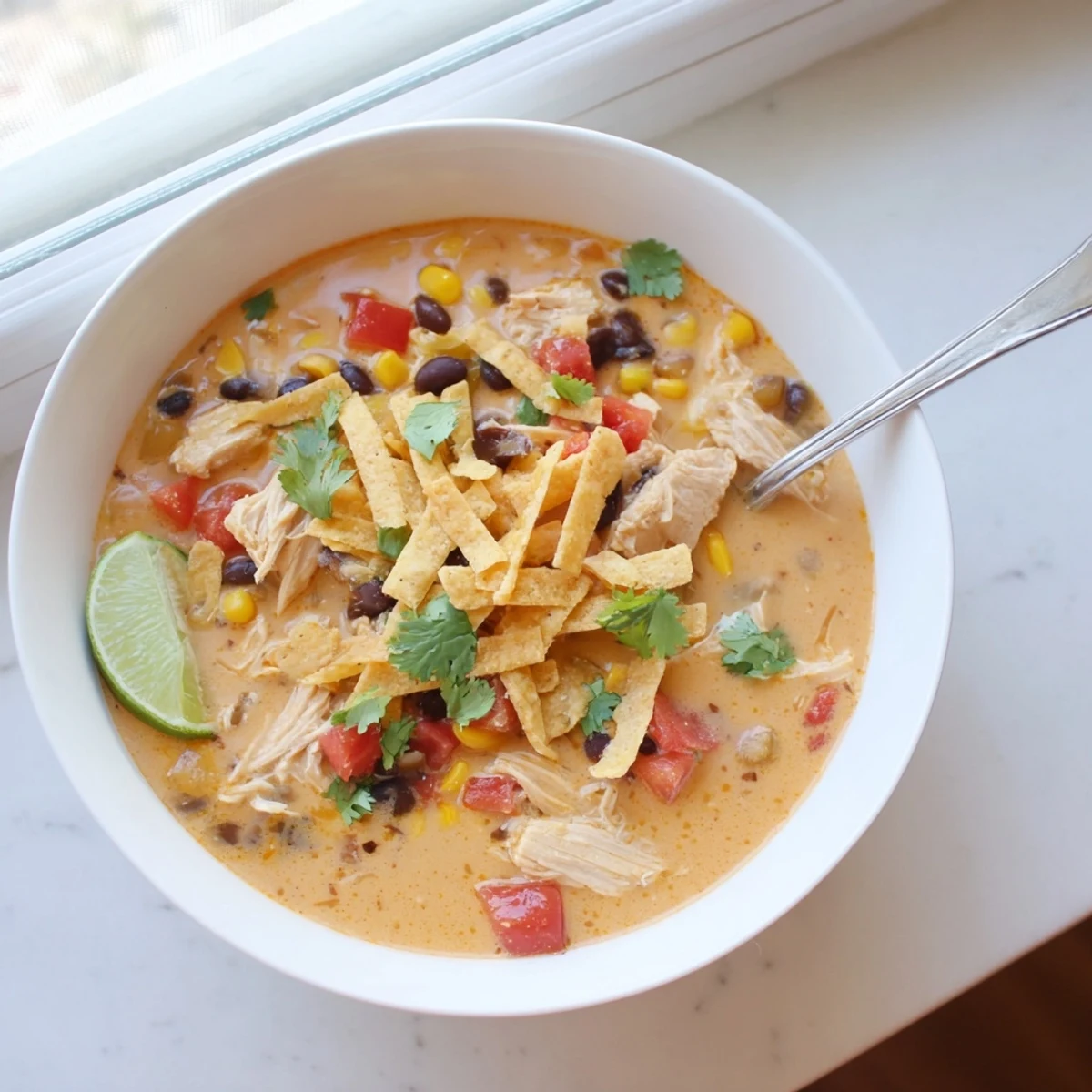 Close-up of easy creamy chicken taco soup topped with sliced jalapeños, lime wedges, and a dollop of sour cream