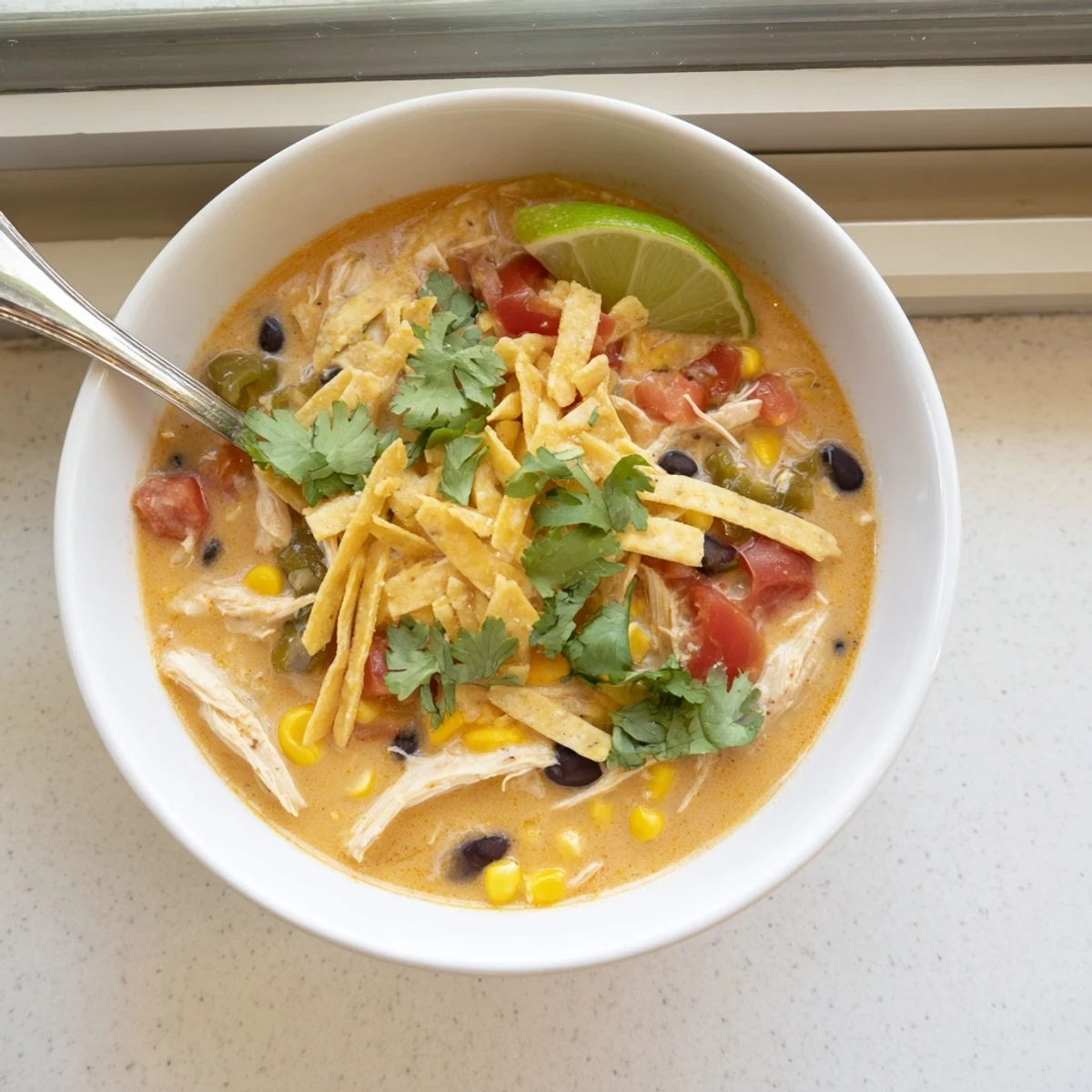 Rustic Dutch oven filled with easy creamy chicken taco soup featuring tender shredded chicken, black beans, and golden corn kernels