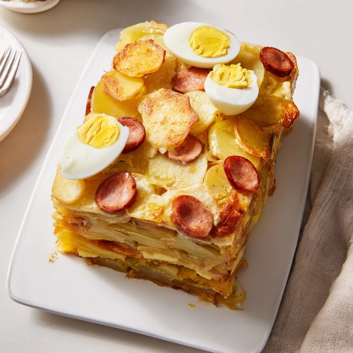 Golden Hungarian layered potato casserole with smoky sausage slices and creamy sour cream topping