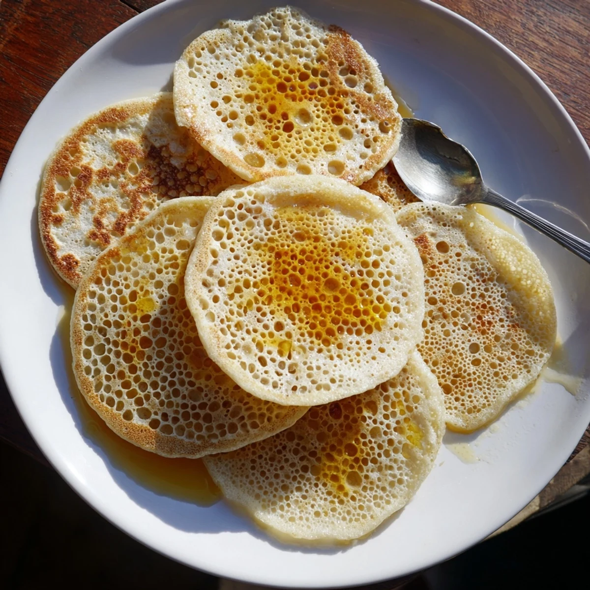 Golden Moroccan Baghrir pancakes with signature honeycomb bubbles drizzled with melted butter and honey