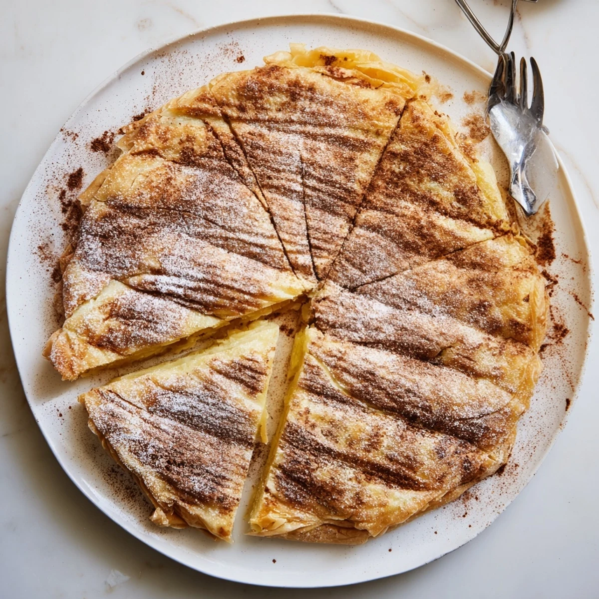 Golden Moroccan Bstilla pie showcasing crisp buttery pastry dusted with cinnamon and powdered sugar