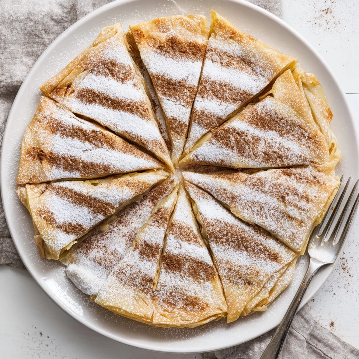 Buttery Moroccan Bstilla with sweet cinnamon sugar topping flaky golden crust and fragrant spiced poultry filling
