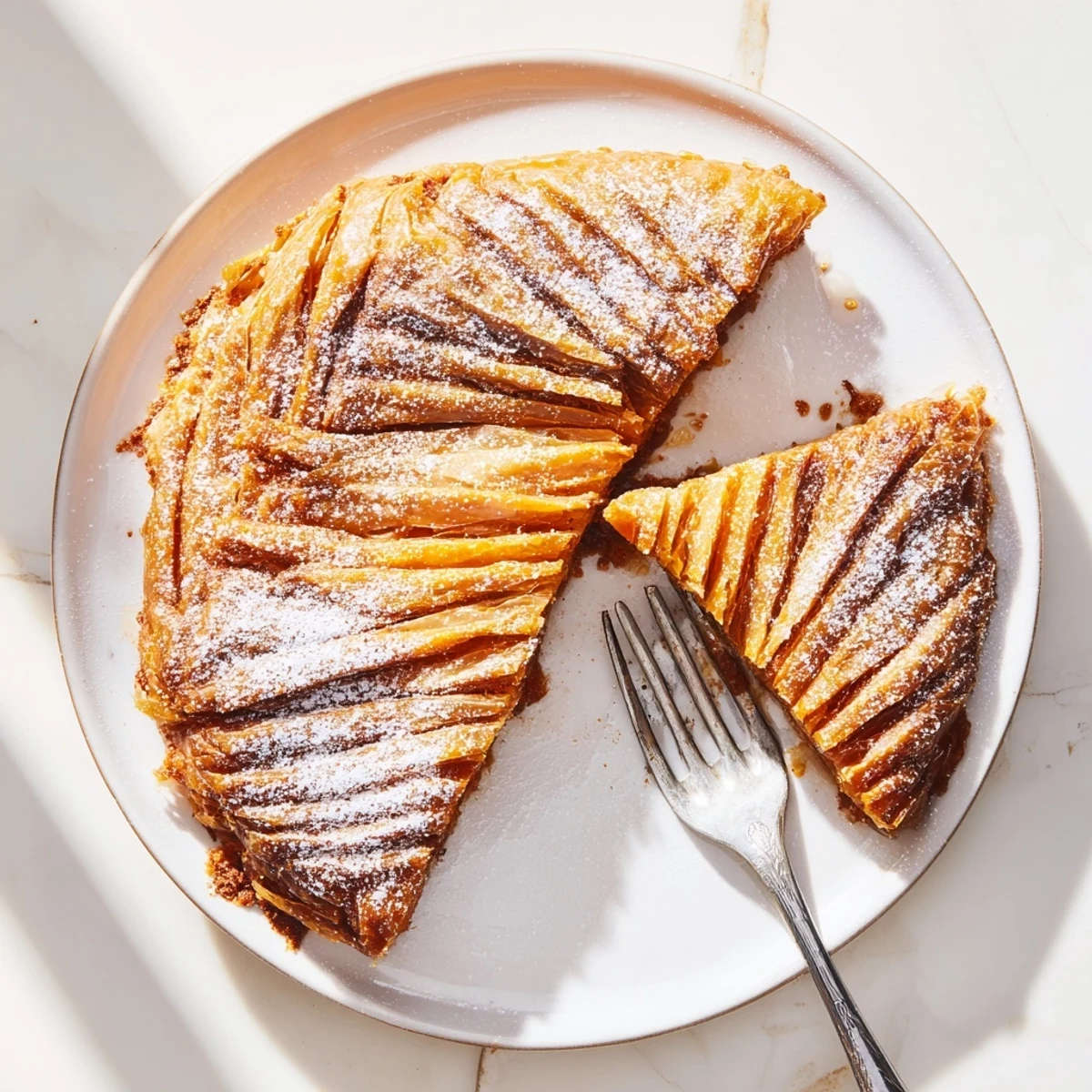 Moroccan Bstilla sliced to reveal tender spiced chicken layered with savory eggs and toasted almonds