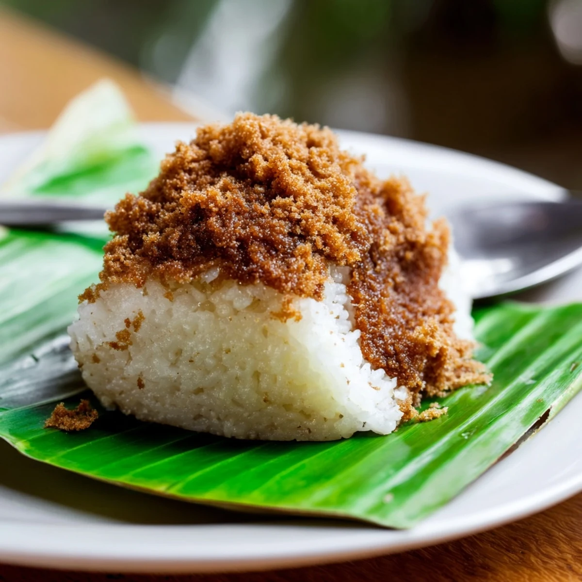 Malaysian Pulut Inti featuring sweet coconut topping on steamed glutinous rice wrapped in banana leaves