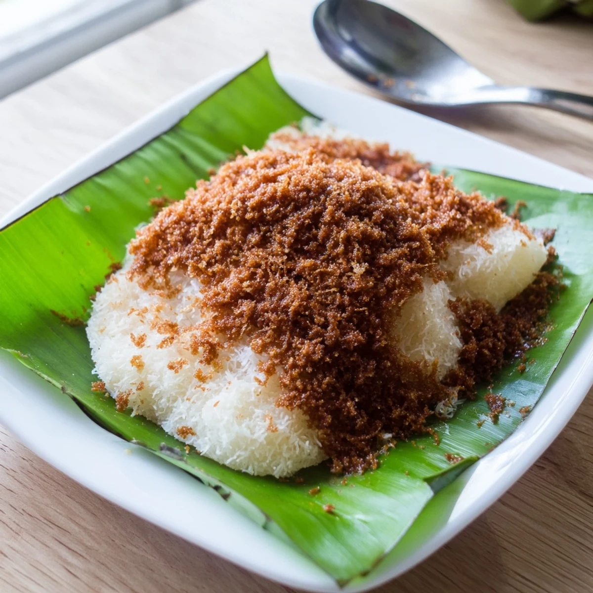 Traditional Malaysian Pulut Inti dessert with fragrant coconut caramel over sticky blue rice squares