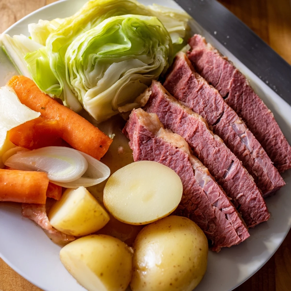 Sliced corned beef brisket arranged with tender cabbage wedges and colorful vegetables on a serving platter