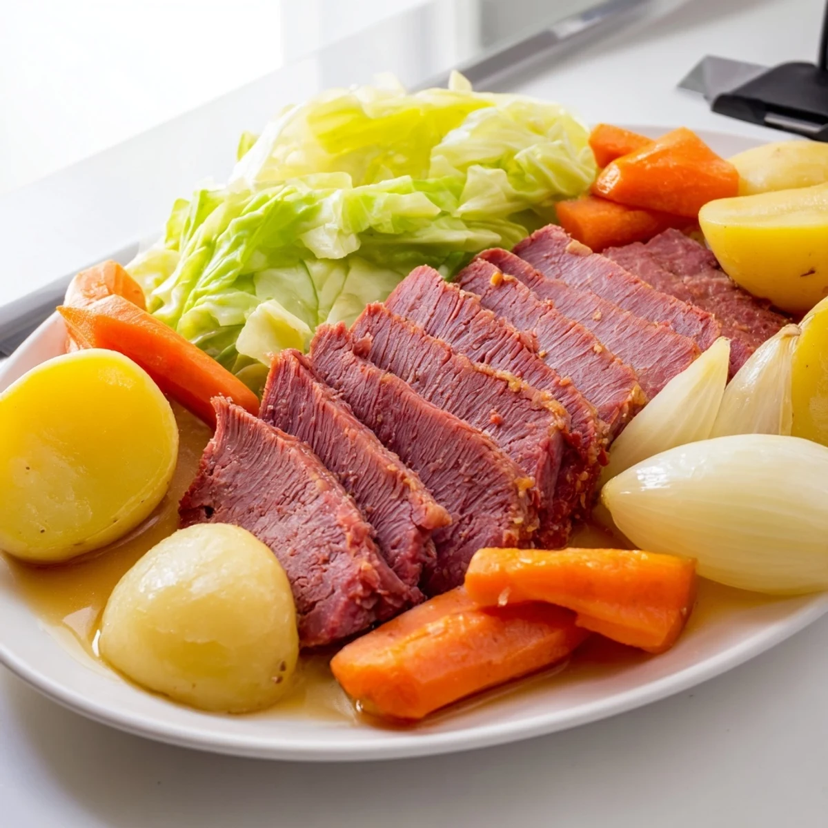 Fork-tender corned beef slices resting beside buttery cabbage and golden potatoes in a rustic comfort food spread