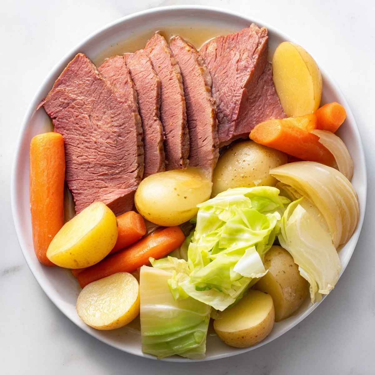 Hearty slow cooker corned beef and cabbage steaming in a bowl with carrots and potatoes