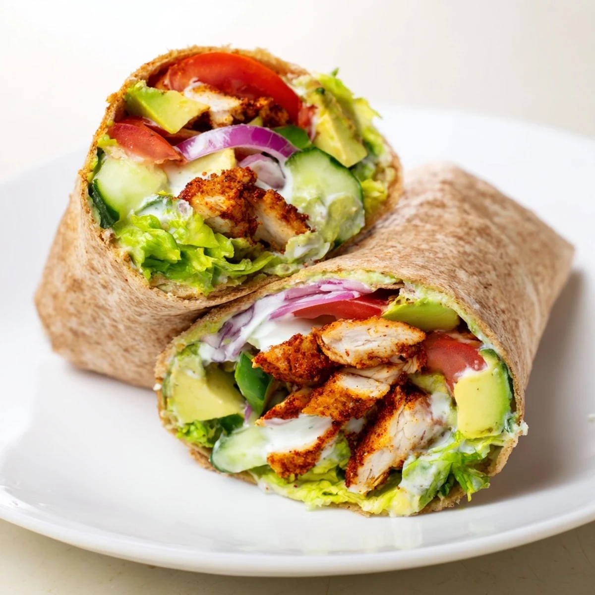 Golden high protein crispy cottage cheese flatbread chicken wraps stuffed with fresh lettuce tomatoes and creamy avocado