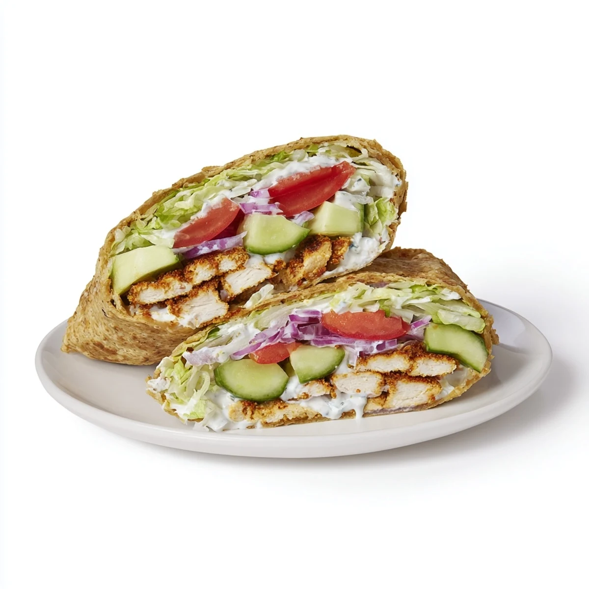 Savory grilled chicken wrapped in crispy cottage cheese flatbread with crisp cucumber red onion and yogurt dressing
