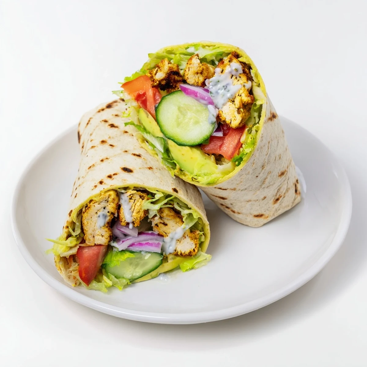 Protein-packed chicken wraps featuring homemade cottage cheese flatbread layered with colorful vegetables and sliced ripe avocado